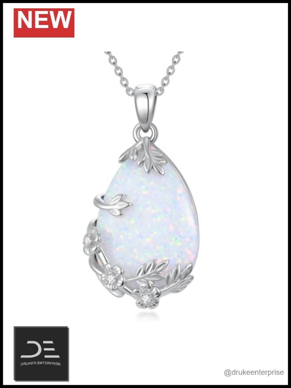 Opal Pendant Necklace 925 Sterling Silver Genuine Diamond October Birthstone